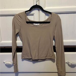Tan long Sleeve Scoop Neck Top in Taupe